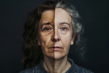 Split aging portrayals in face lifts visualizing aging metaphors, with old women stages in skincare processes aging discussions.