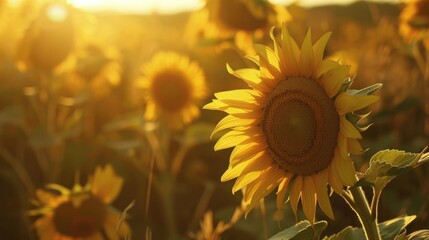 Sun Flowers. Beautiful Group of Sunny Yellow Flowers in a Field at Sunset