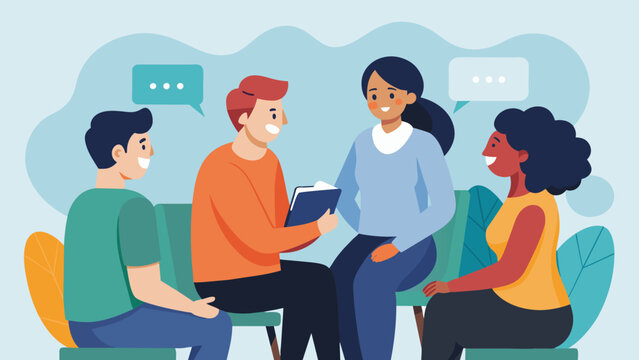 In a support group for individuals with OCD a newer member receives guidance and encouragement from a more experienced group member.. Vector illustration