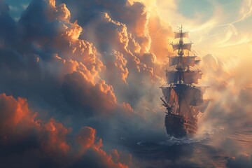 Obraz premium A misty sky filled with billowing clouds above a majestic pirate ship sailing through the air
