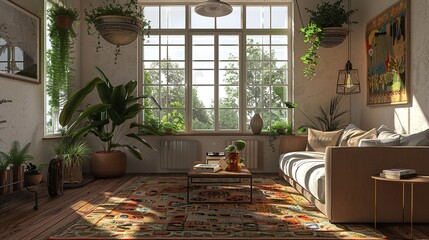 The image shows a living room with a large window, a gray couch, and several plants.

