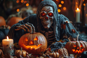 Scary grim reaper draped in a black robe holds a carved pumpkin, surrounded by Halloween ornaments, creating a chilling scene