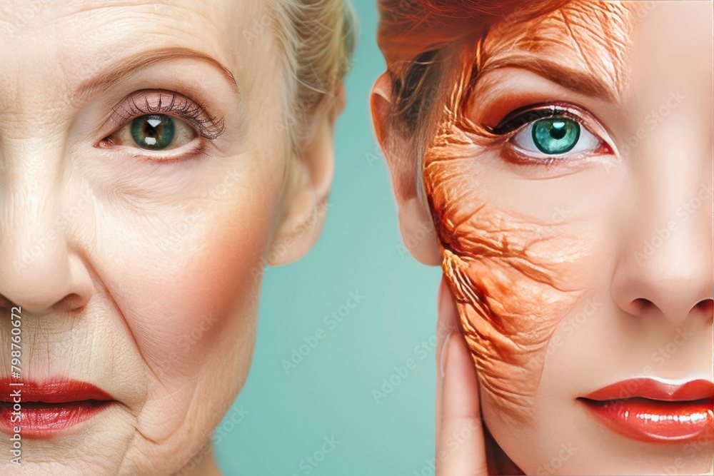 Poster old and young aging changes managed skin care, integrating modern aging timelines for a comprehensiv