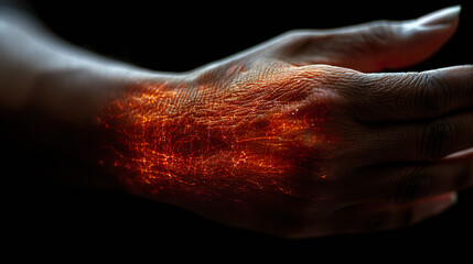 Close-Up of a Person's Hand with Glowing Orange Veins on a Dark Background. Generated by AI