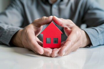 Man protecting red house model with a roof. Male hands covering small home. Insurance concept