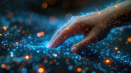 A Hand Touches a Network of Glowing Particles, Symbolizing Connection in the Digital Age. Generated by AI