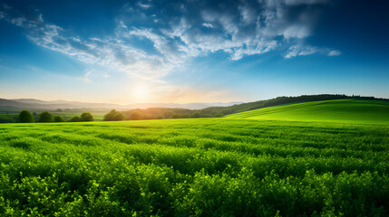 Fototapeta na wymiar Green pea field and sunrise in the blue sky.