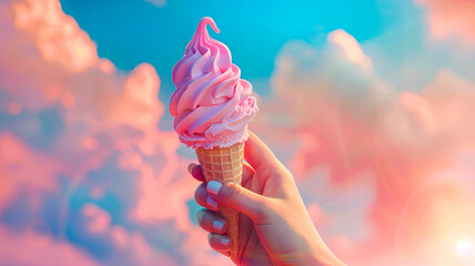 Ice cream cone in hand. Selective focus.