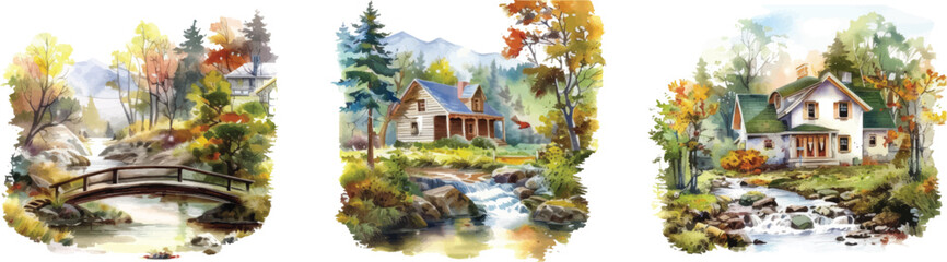 Fototapeta na wymiar Watercolor Clip Art: Rural Landscapes and Country Living