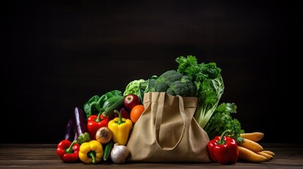 Tote bag filled with fresh vegetables and fruits on a dark wooden background.