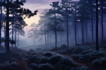Obraz premium At twilight, the foggy pine forests are nature's lullaby, with the sun's serene serenade painting indigo and amethyst shades