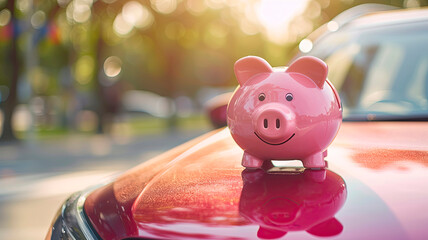 Piggy bank on the background of a car. Selective focus. - obrazy, fototapety, plakaty