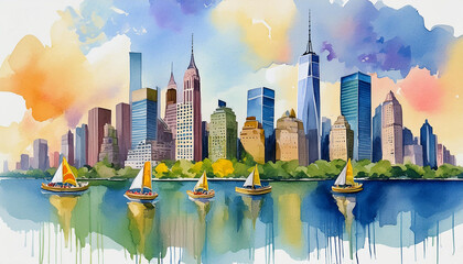 Watercolor illustration of New York city, America. Abstract buildings, architecture. Hand drawn art