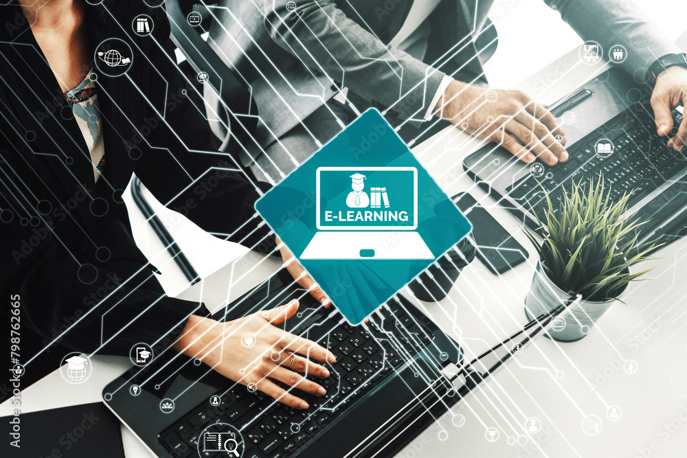 Poster e-learning and online education for student and university concept. graphic interface showing techno