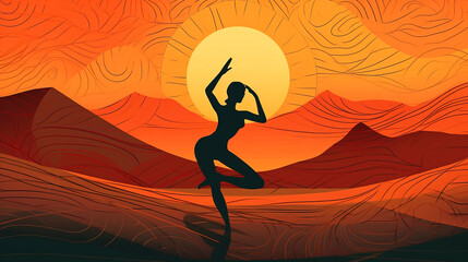 International day of yoga, graphic contours of a woman on the background of the sun. AI generated. - obrazy, fototapety, plakaty