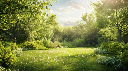 A picturesque summer scene showcasing a verdant countryside lawn, surrounded by flourishing trees