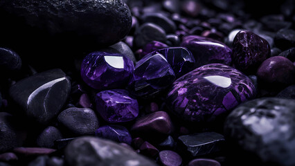 Black and purple stones. Macro photography, nature resources