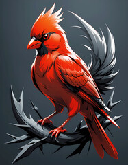 Stylized drawing of a red bird on a branch - obrazy, fototapety, plakaty