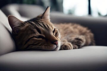Naklejka premium 'cat couch sleeping lazy animal home domestic pet portrait relax relaxation rest sleep sofa striped young adorable arm comfortable cute felino background fluffy fur furry kitten tabby lying muzzle'