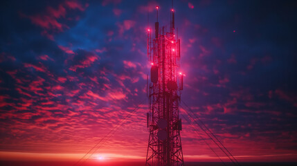 telecommunication tower transmitting digits signals of cellular mobile 5g 4g 3g. Simulated radio waves. - obrazy, fototapety, plakaty