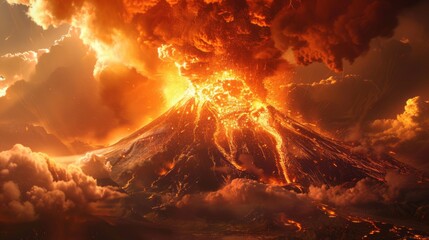 Volcano eruption spiting molten lava and ash clouds over a mountain, photo collage.