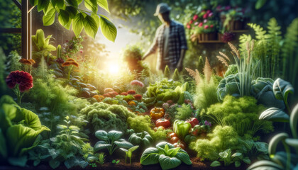 Closeup shot of a flourishing sustainable garden, vaguely seen human form in a soft blur behind. AI generated.