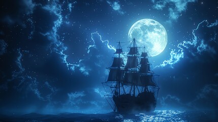 Moonlight illuminating the silhouette of a ghostly pirate ship soaring through a starry night sky