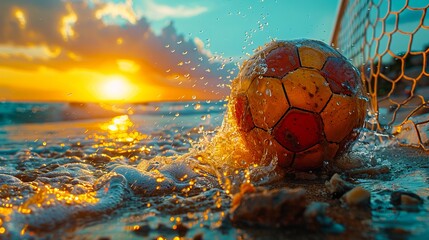 A soccer ball is on the beach at sunset.