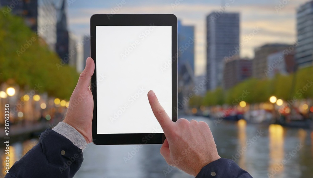 Poster tablet held by man in outside in the city - mockup for application or web design - template for pres