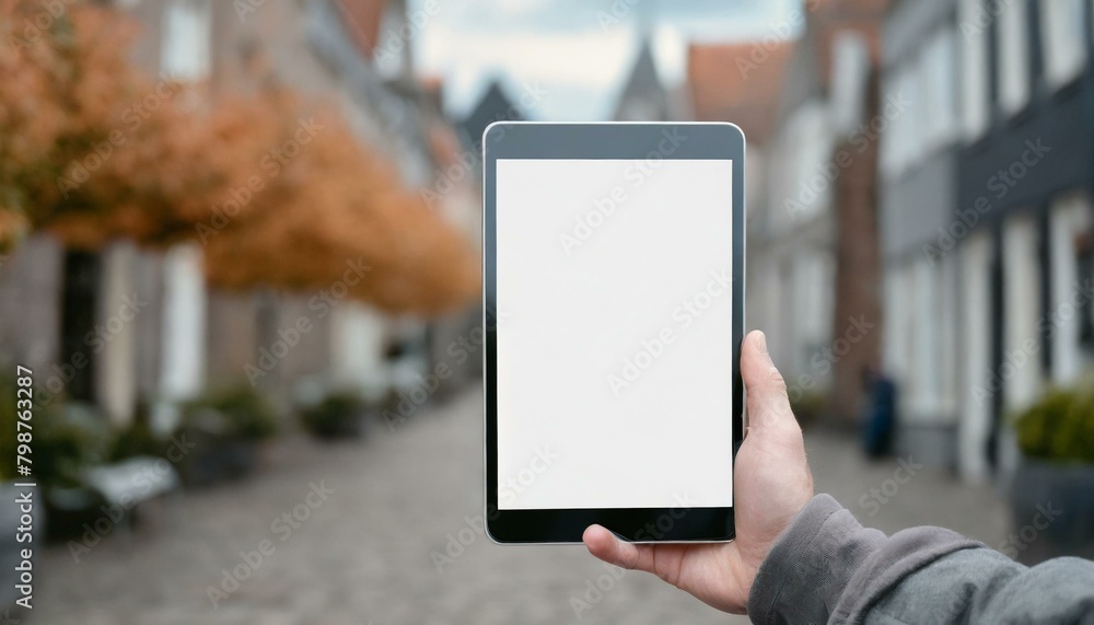 Poster tablet held by man in outside in the city - mockup for application or web design - template for pres