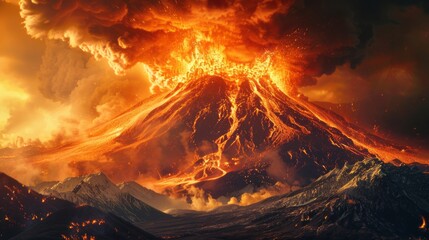 Volcano eruption spiting molten lava and ash clouds over a mountain, photo collage. - obrazy, fototapety, plakaty