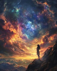 Young girl gazing up at the vast expanse of the cosmos - obrazy, fototapety, plakaty