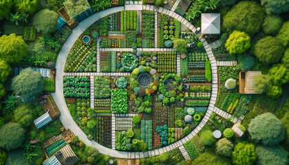 Aerial view of a sustainable garden with diverse plant species and eco-friendly design. AI generated.