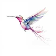 Fototapeta premium Vibrant watercolor painting of a hummingbird in mid-hover, isolated on a white background, highlighting its iridescent feathers and rapid wing motion. 