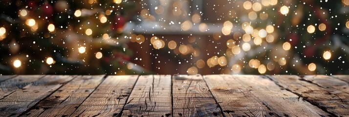 Holiday Wood Background. Christmas Table Setting with String Lights and Snow, Winter Background