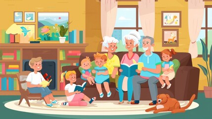 Elderly couple reading fairy tales to a group of children in a cozy living room