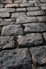 Textured surface of cobbled stones, showcasing their irregular shapes and worn surfaces. Cobbled stone textures offer a classic and timeless backdrop