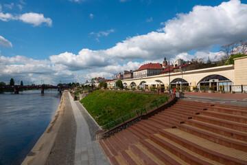 Gorzow Wielkopolski, Poland April 21, 2024: Railway viaduct and embankment along Warta river in Gorzow Wielkopolski. Poland