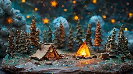 A beautiful diorama of a campsite in the woods. There are two tents, a campfire, and a starry night sky. The trees are made of copper wire and the ground is covered in moss.
