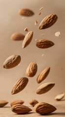 Almonds captured floating in mid-air, elegantly displayed in a food photography style against a soft beige studio backdrop, emphasizing the natural texture and wholesome quality of the nuts.
 - obrazy, fototapety, plakaty