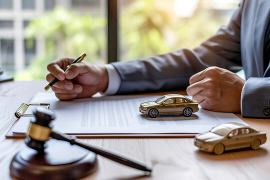 Judge's hammer, car models and man with document. Concept of lawyer services, civil court trial, vehicle accident case study, and insurance coverage