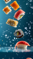 Assorted sushi pieces artistically floating in the air, captured in a dynamic food photography style against a deep ocean blue studio backdrop, emphasizing the exquisite detail and fresh appeal  - obrazy, fototapety, plakaty