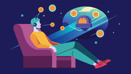 Naklejka premium A person reclines in a chair their mind lost in a dreamlike state as their neural implants are upgraded unlocking new abilities and sensations beyond.