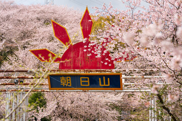 Mitoyo, Kagawa, Japan - April 9 2024 : Gate of Asahiyama Shinrin Park ( Mt. Asahi Forest Park )....