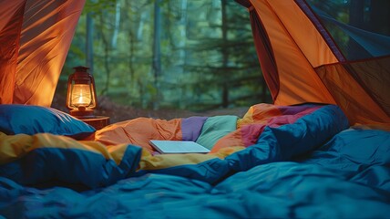 Horizontal AI illustration colorful sleeping bags in tent with lantern. Hobbies and entertainments.