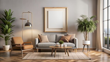 Fototapeta premium Mockup of a living room with a sofa and a coffee table, suitable for use in interior design or as part of illustration projects.