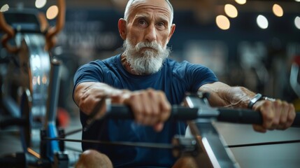 Elderly man using a rowing machine, focused on his fitness goals in the gym