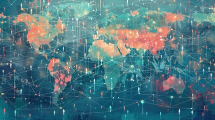 Fototapeta premium A digital painting of the world map with glowing dots representing people and their connections.
