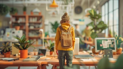 A diorama of a person standing in an office space with plants and computers.