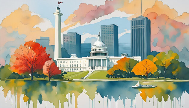 Watercolor illustration of Washington city, capital of America. Abstract buildings, architecture.
